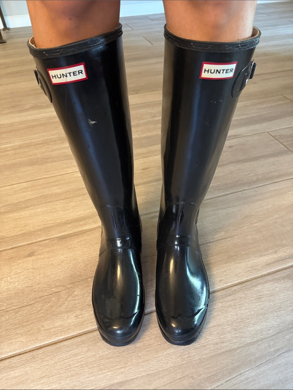Hunter Glossy Black Tall Rain Boots with Adjustable Buckles